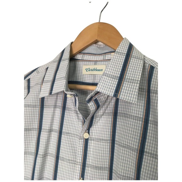 Caribbean Mens Size L Plaid Button Up Long Sleeve Collared Shirt Morrocan Blue - Picture 5 of 14